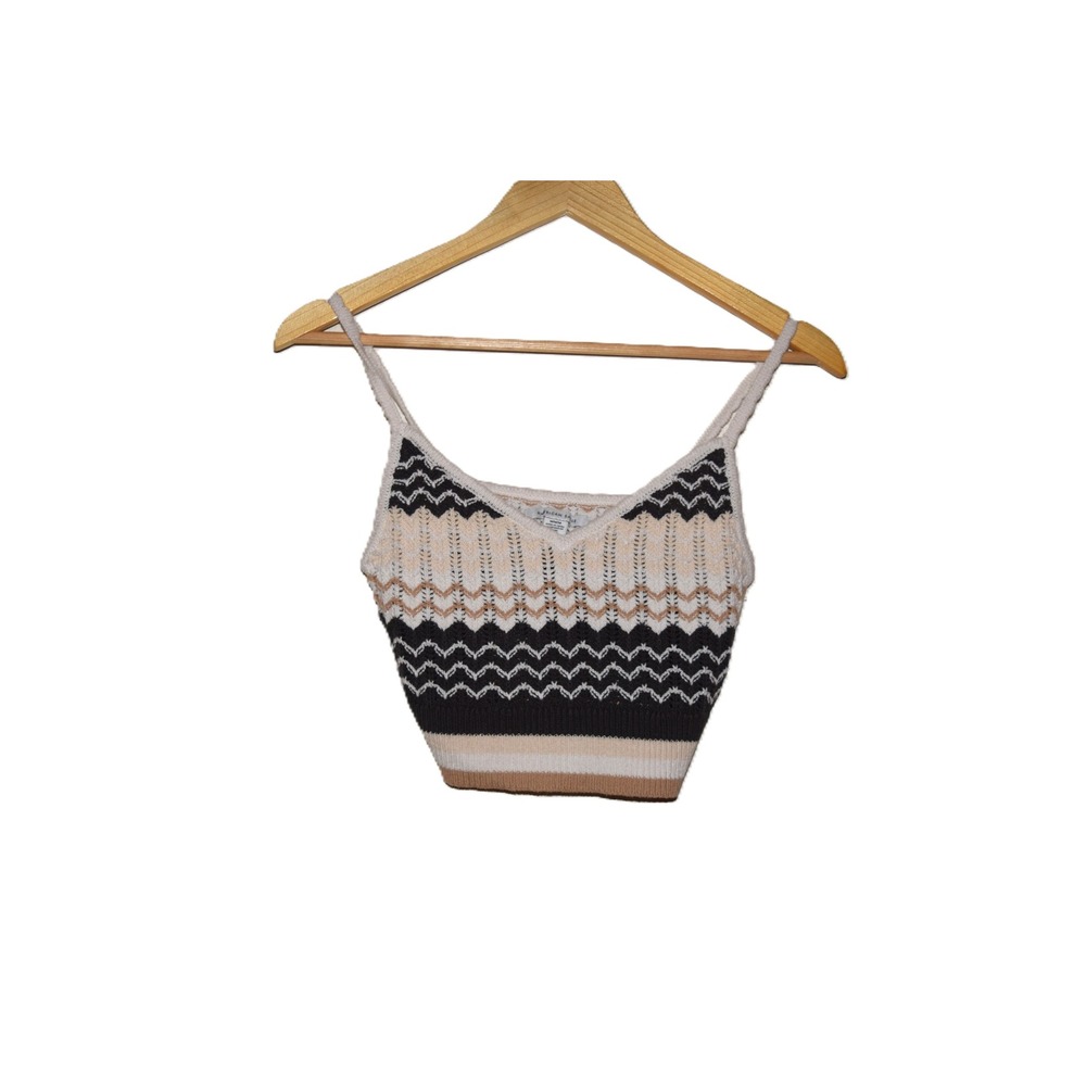 American Eagle Knit Crop Tank Top Womens Med Black Cream Tan Excellent Chevron